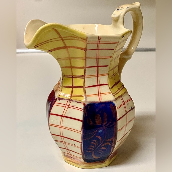 19th Century Gaudy Welsh Unrecorded Plaid Grid Pattern Jug Handled Pitcher - Picture 10 of 16